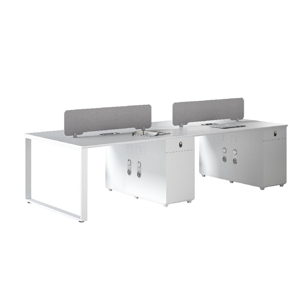 White office desk with partition screens on a white background