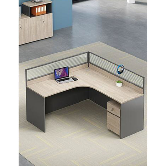 淺木灰色L型辦公檯大收納辦公枱高私隱屏風連活動櫃 L Shape Office Tables Wood Pattern Office Desks Modern Office Cubicles Mobile Pedestal High Storage